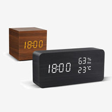 Load image into Gallery viewer, Alarm Clock LED Wooden Watch Table Voice Control