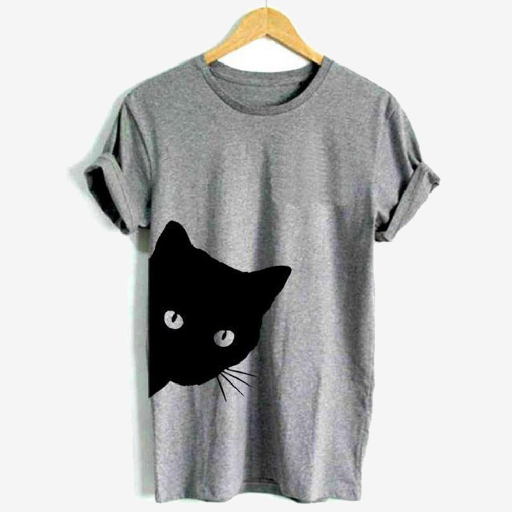 Cat Face Letter Print Tee Shirt Femme T-shirt Casual